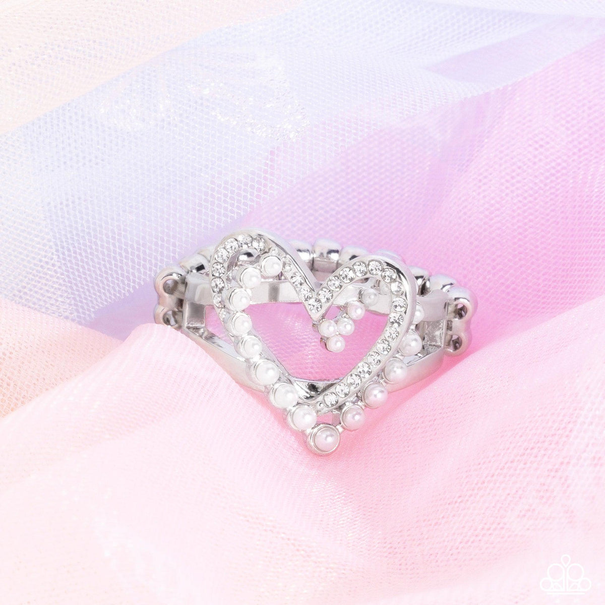 Just a Crush White Rhinestone & Pearl Heart Ring - Paparazzi Accessories