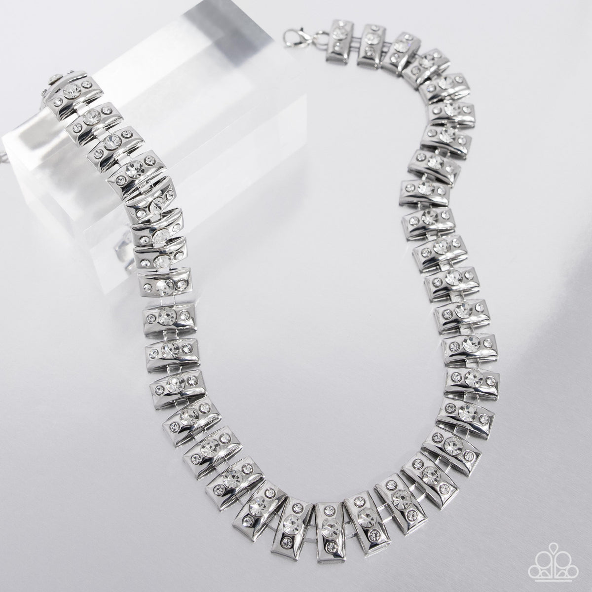 Officially Opulent White Rhinestone & Silver Necklace - Paparazzi Accessories