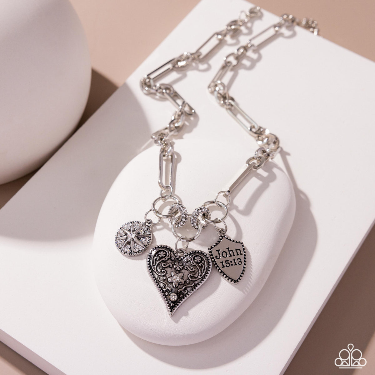 Greater Love White Rhinestone & Silver Heart Necklace - Paparazzi Accessories