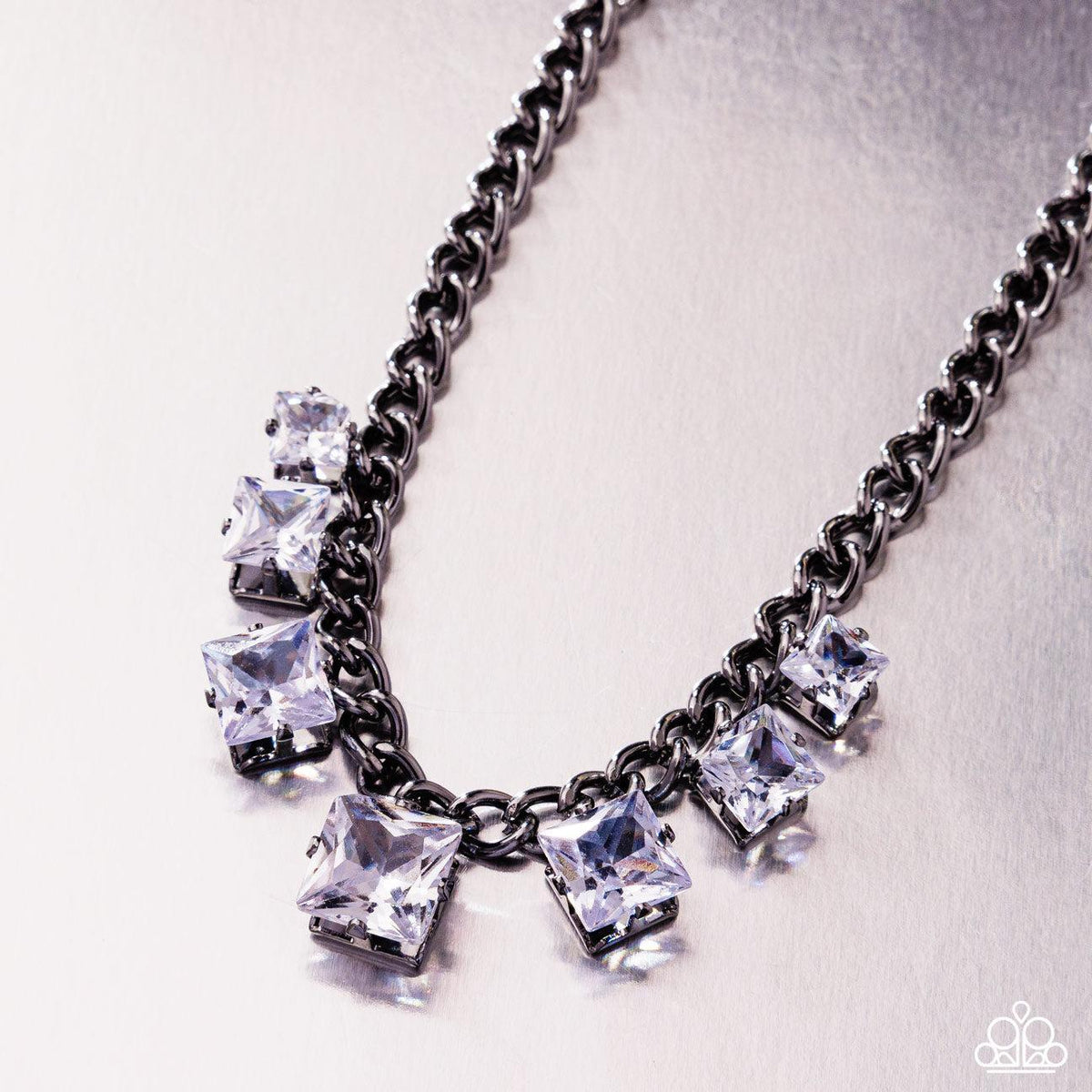 Seeking Out Squares Gunmetal Black & White Rhinestone Necklace - Paparazzi Accessories