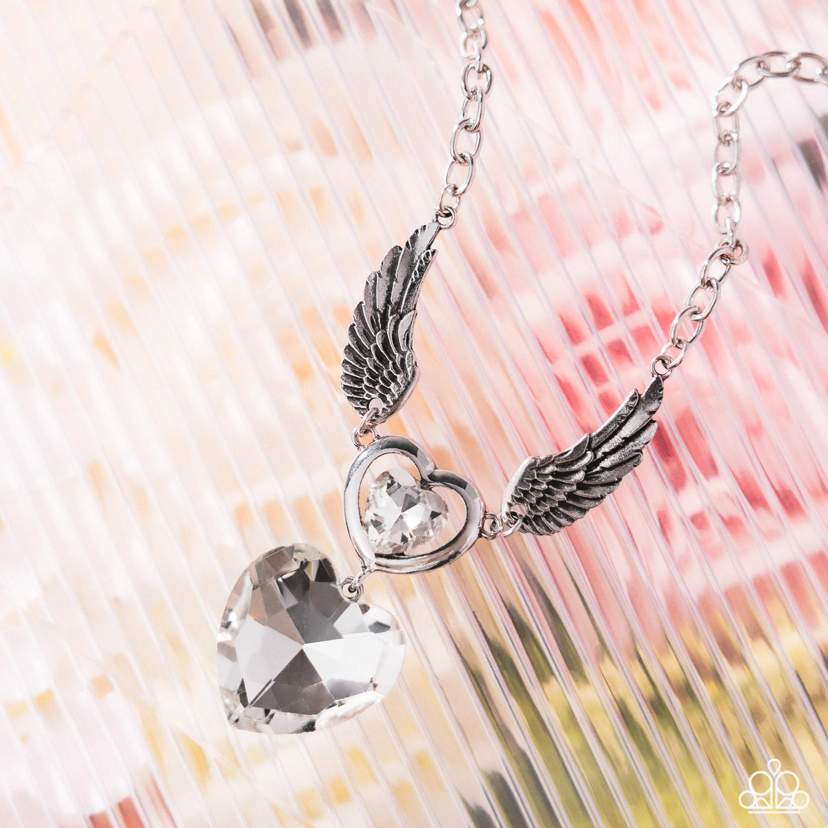 Customer Satisfaction White Rhinestone Heart & Angel Wing Necklace - Paparazzi Accessories