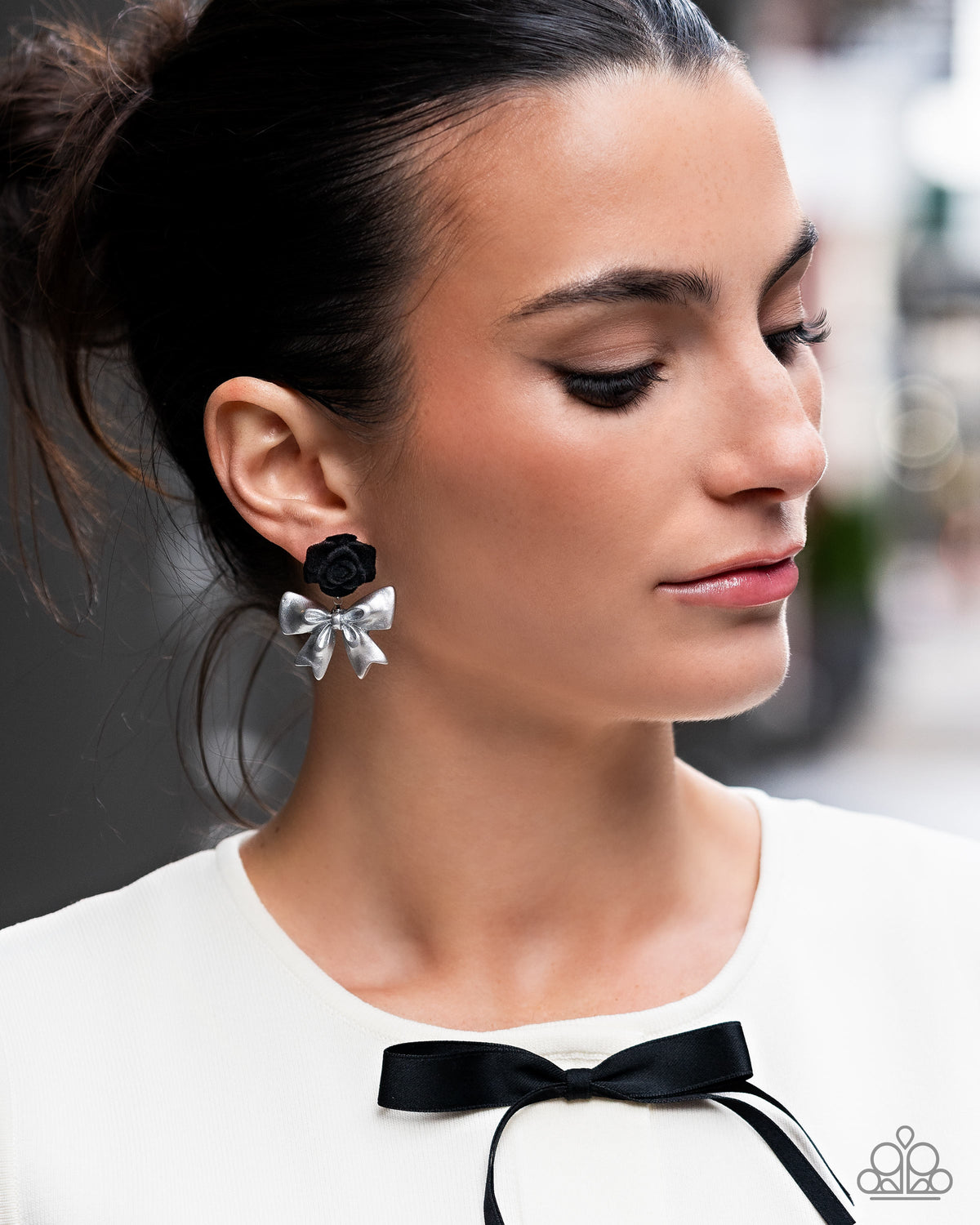 Rosette Rarity Black Rose & White Bow Earrings - Paparazzi Accessories