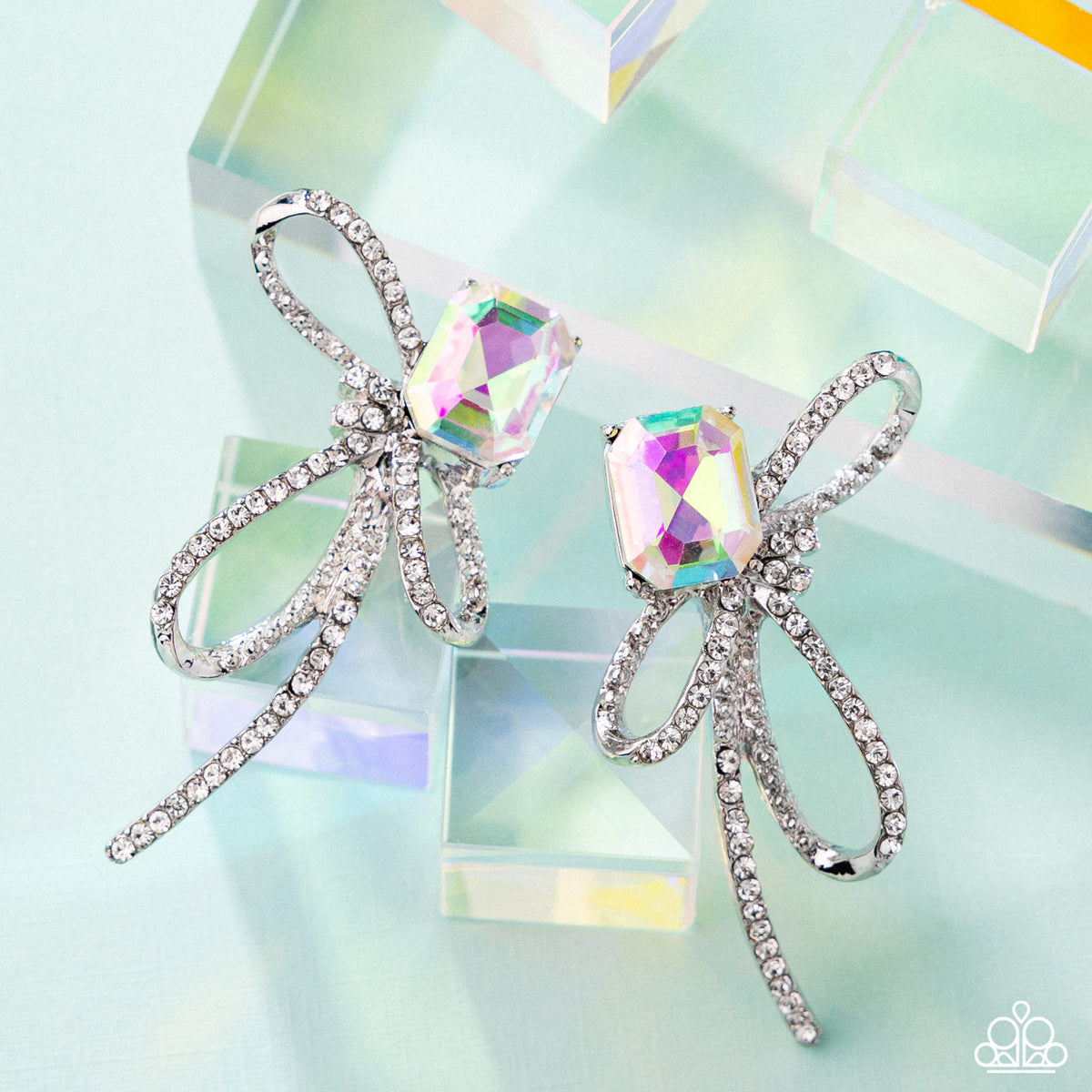 Positively Radiant Multi Iridescent Gem & Rhinestone Bow Earrings - Paparazzi Accessories