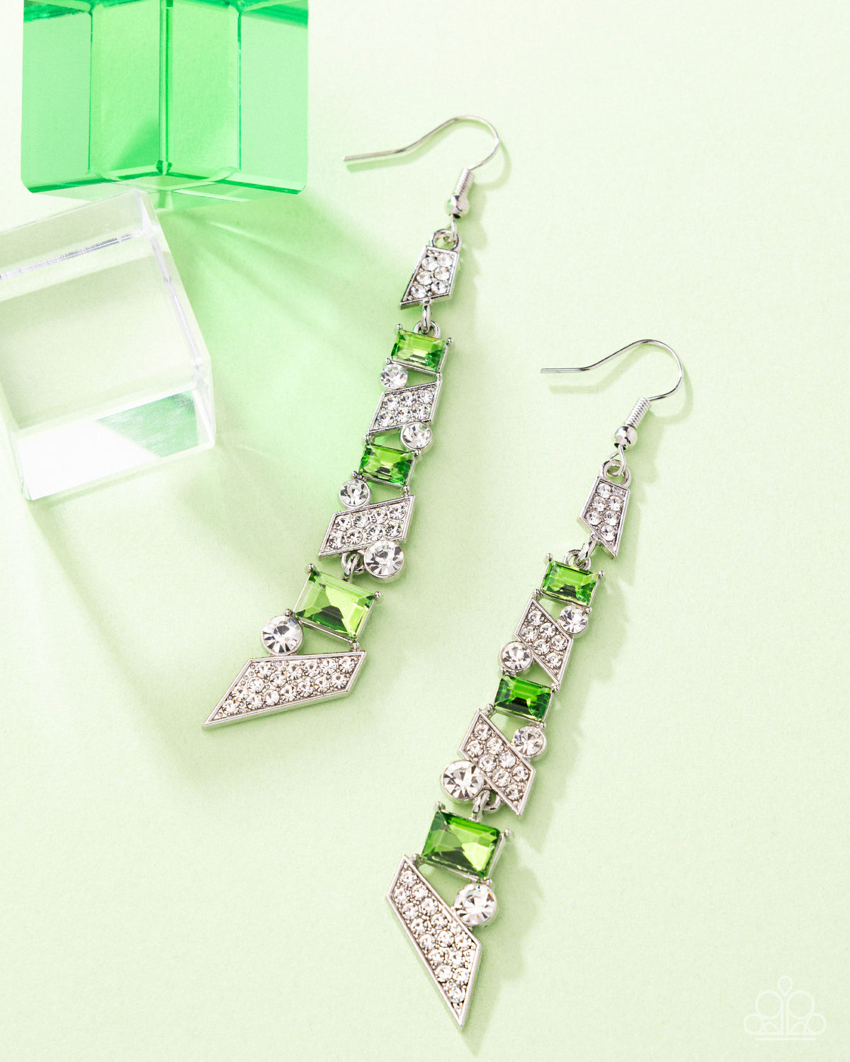 Cascading Cred Green & White Rhinestone Earrings - Paparazzi Accessories