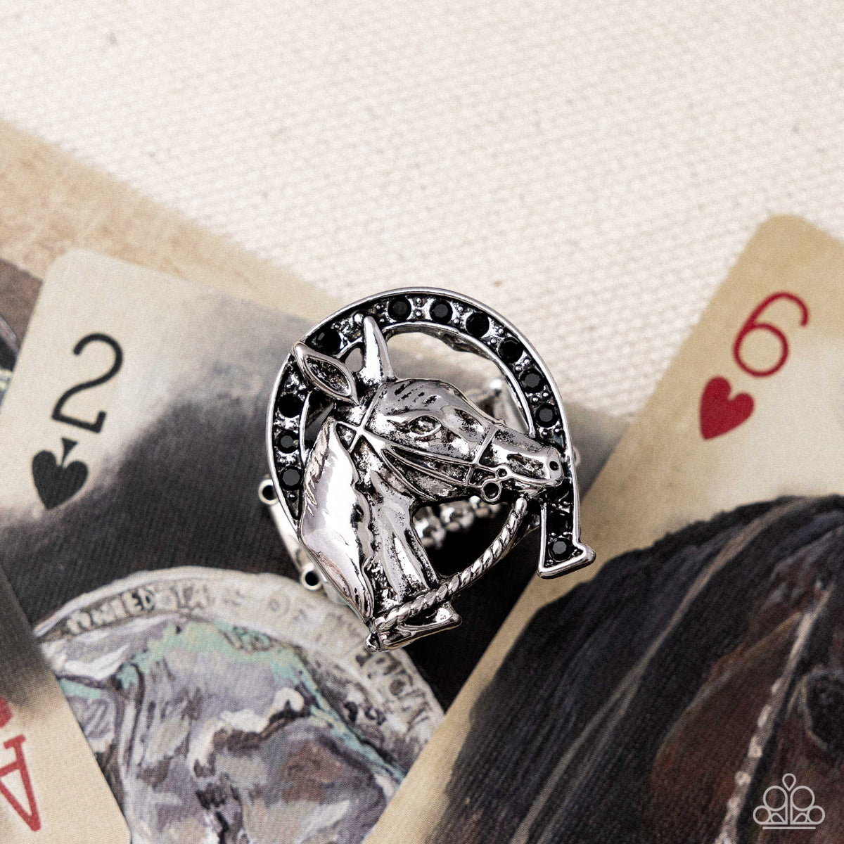 Noble Steed Black Rhinestone & Silver Horse Ring - Paparazzi Accessories