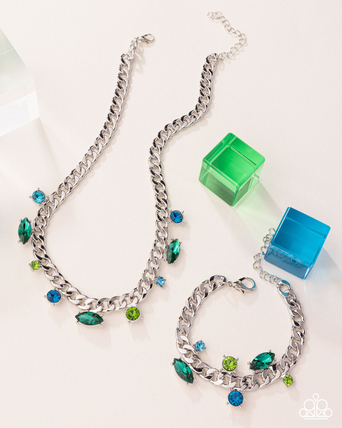 Captivating Chic Green & Blue Rhinestone Necklace & Bracelet Set - Paparazzi Accessories