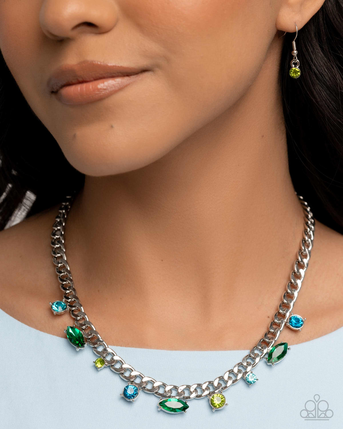 Captivating Chic Green & Blue Rhinestone Necklace & Bracelet Set - Paparazzi Accessories