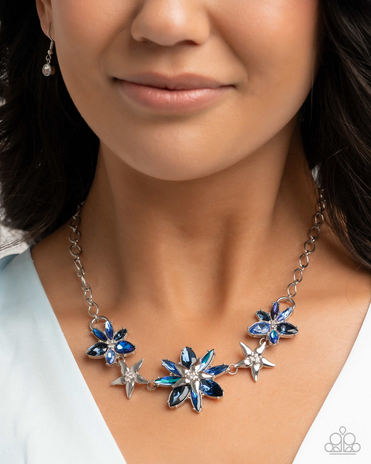 Floral Feature and Floral Factor Blue Rhinestone Necklace and Bracelet Set - Paparazzi Accessories - free matching earrings -CarasShop.com - Paparazzi Jewelry by Cara Jewels