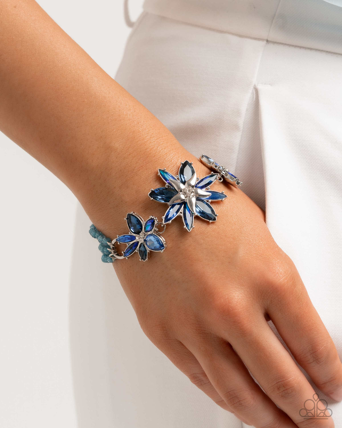 Floral Feature and Floral Factor Blue Rhinestone Necklace and Bracelet Set - Paparazzi Accessories