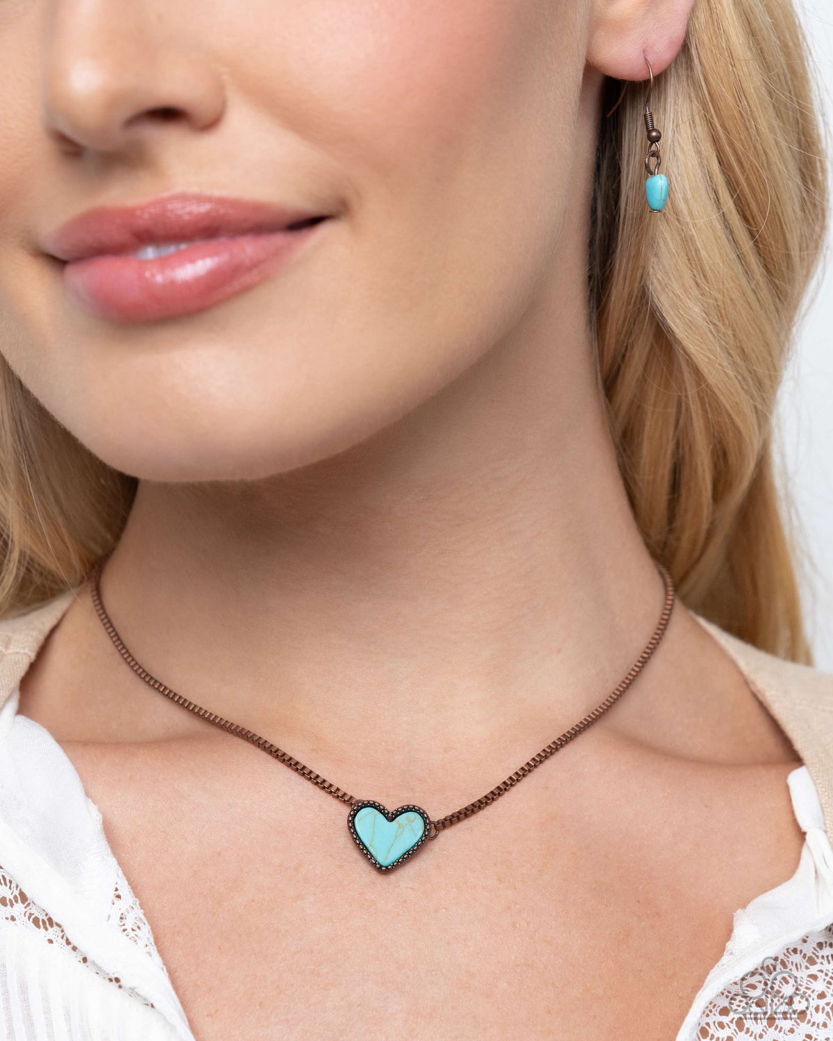 Courting Calypso Copper & Turquoise Heart Necklace, Bracelet and Post Earring Set - Paparazzi Accessories