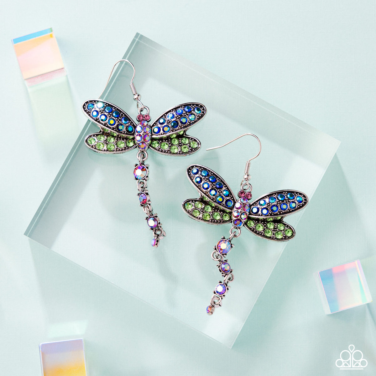 Hey, I Heard You Were A Wild One Green & Blue Iridescent Rhinestone Dragonfly Earrings - Paparazzi Accessories