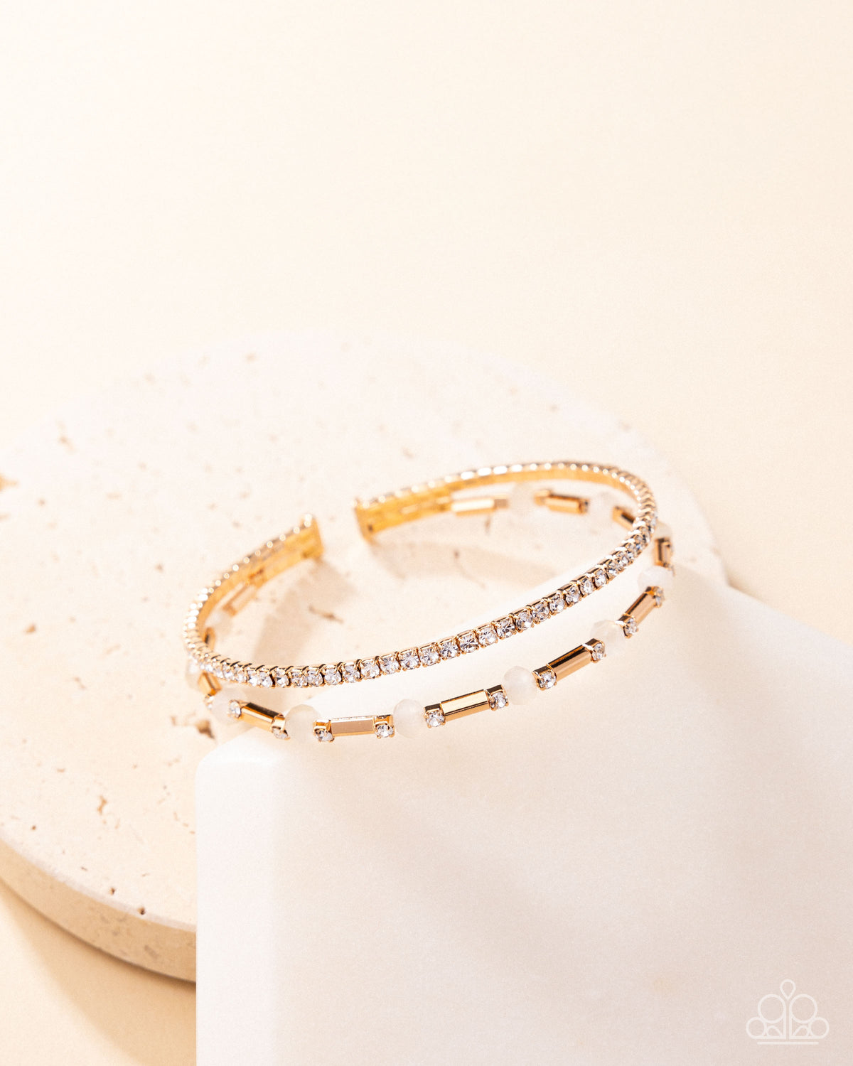 Publicity Pizzazz Gold & White Rhinestone Cuff Bracelet - Paparazzi Accessories