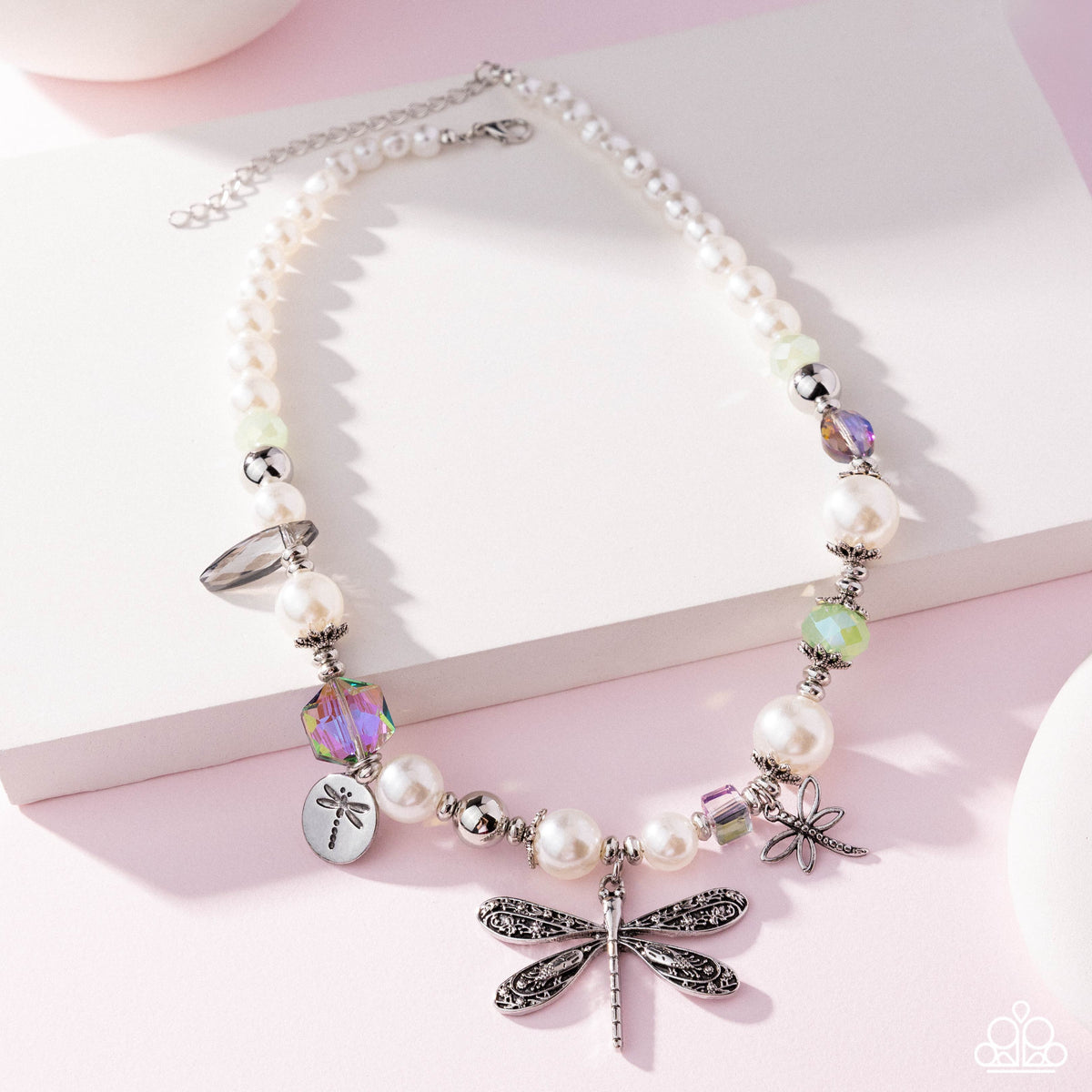 Dragonfly Delight Multi White Pearl & Silver Charm Necklace - Paparazzi Accessories