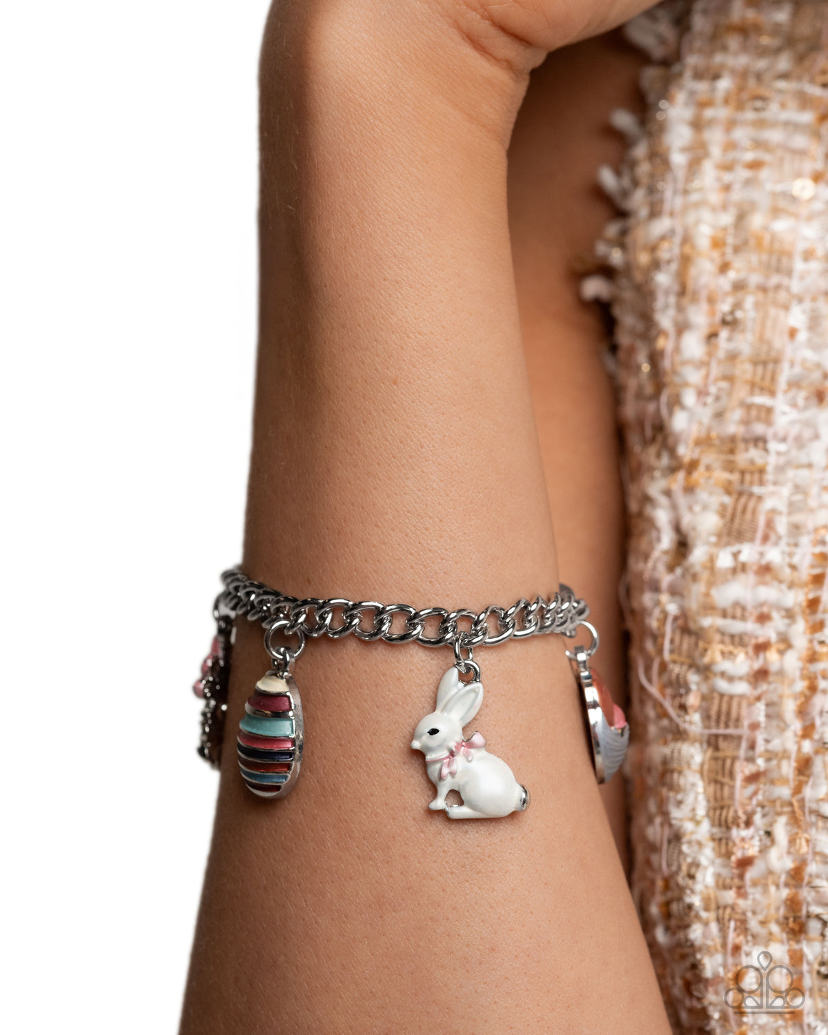 Easter Embellishment Multi Easter Themed Charm Necklace and Bracelet Set - Paparazzi Accessories- bracelet on model - CarasShop.com - Paparazzi Jewelry by Cara Jewels