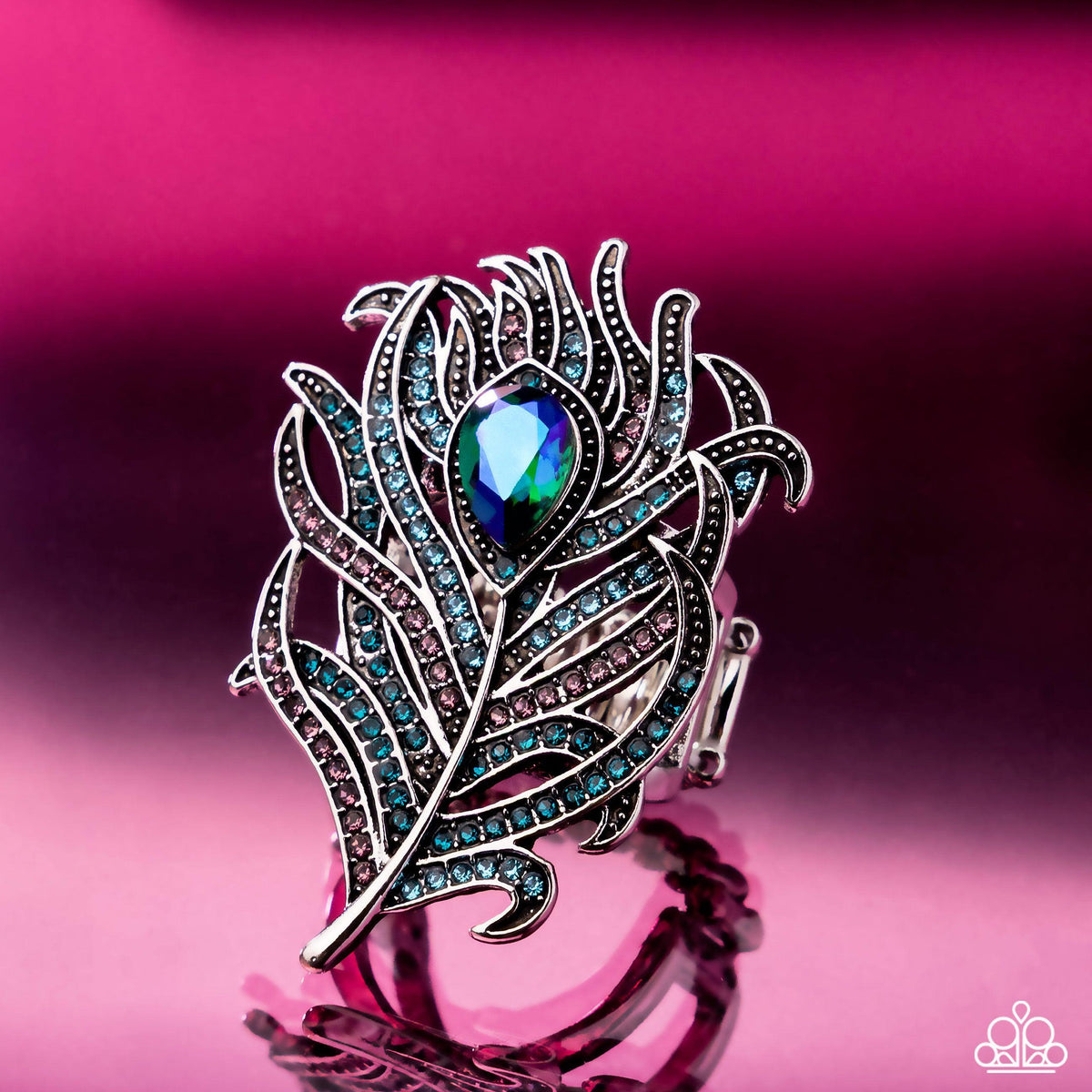 Polished Peacock Blue Rhinestone Feather Ring - Paparazzi Accessories