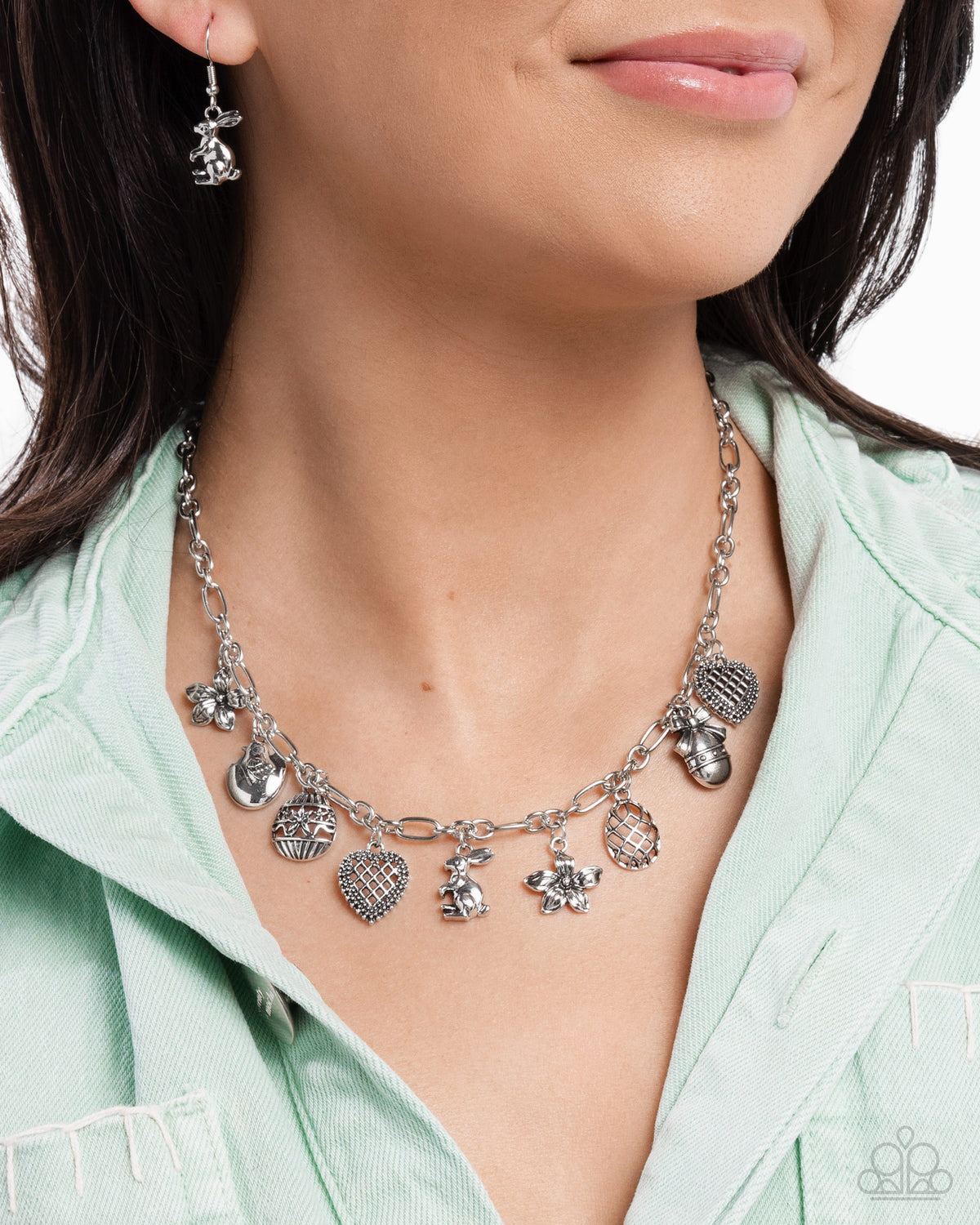 Eclectic Easter - Extensive Easter Silver Charm Necklace & Bracelet Set - Paparazzi Accessories - free matching earrings -CarasShop.com - Paparazzi Jewelry by Cara Jewels