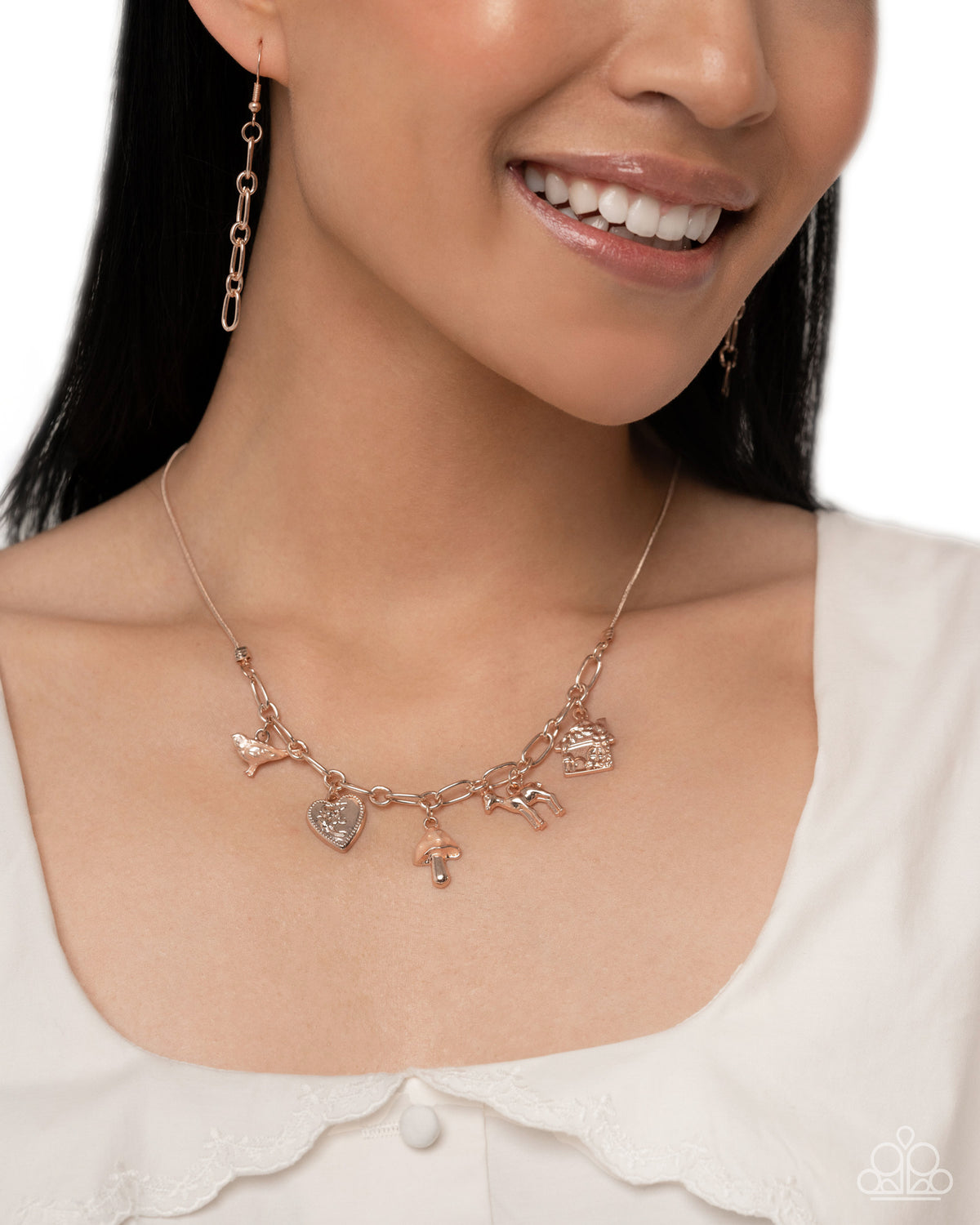 Fairytale Fanfare & Fairytale Flourish Rose Gold Charm Necklace & Bracelet Set - Paparazzi Accessories - free matching earrings -CarasShop.com - Paparazzi Jewelry by Cara Jewels