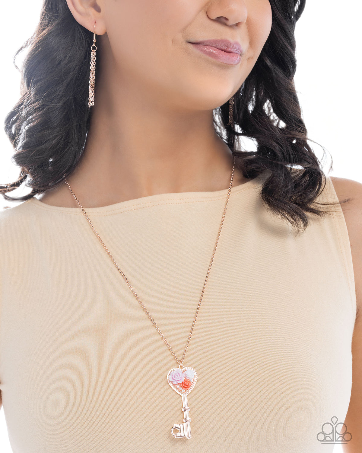 Gifted Garden Gold & Pink Floral Key Necklace and Earrings Set - Paparazzi Accessories