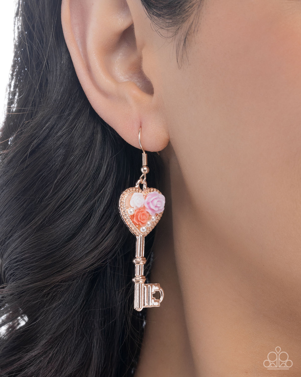 Gifted Garden Gold & Pink Floral Key Necklace and Earrings Set - Paparazzi Accessories
