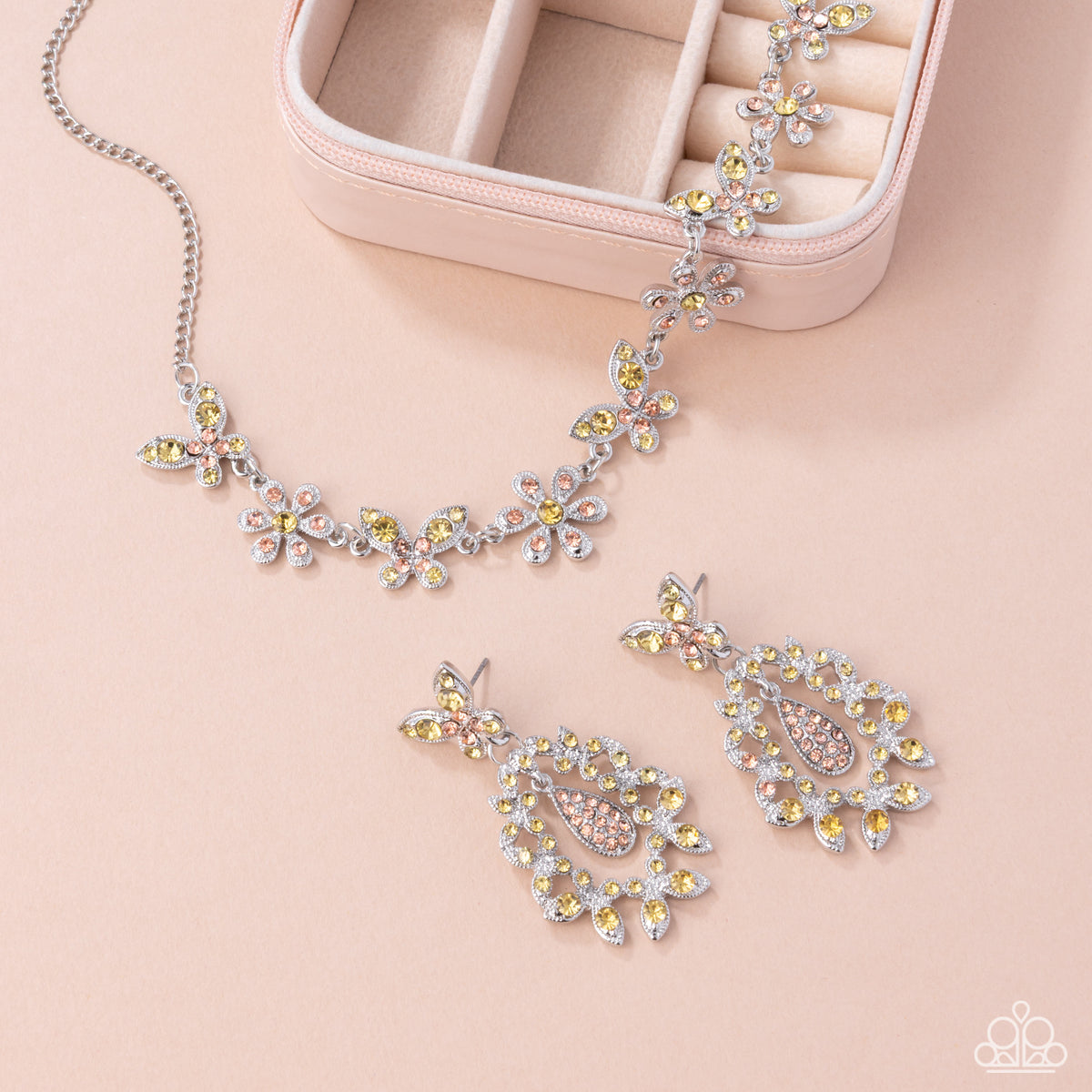 Whimsical Indulgence Yellow Rhinestone Butterfly Necklace & Earrings Set - Paparazzi Accessories