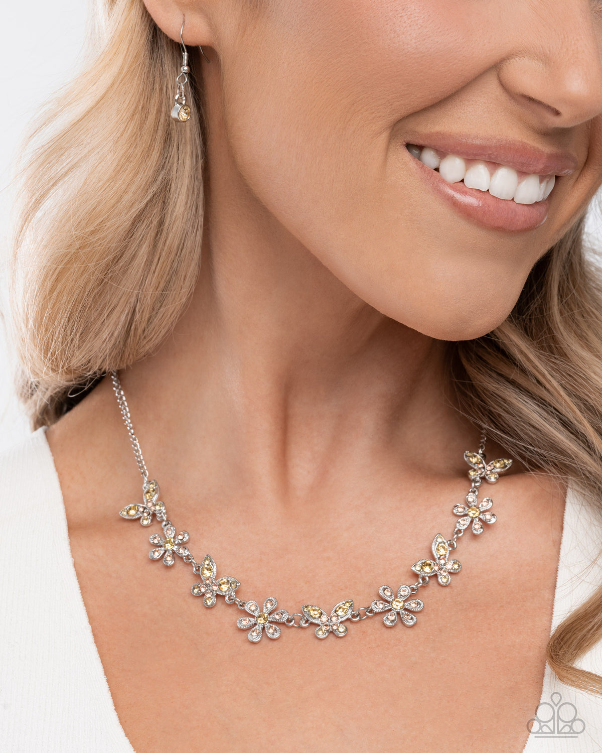 Whimsical Indulgence Yellow Rhinestone Butterfly Necklace & Earrings Set - Paparazzi Accessories