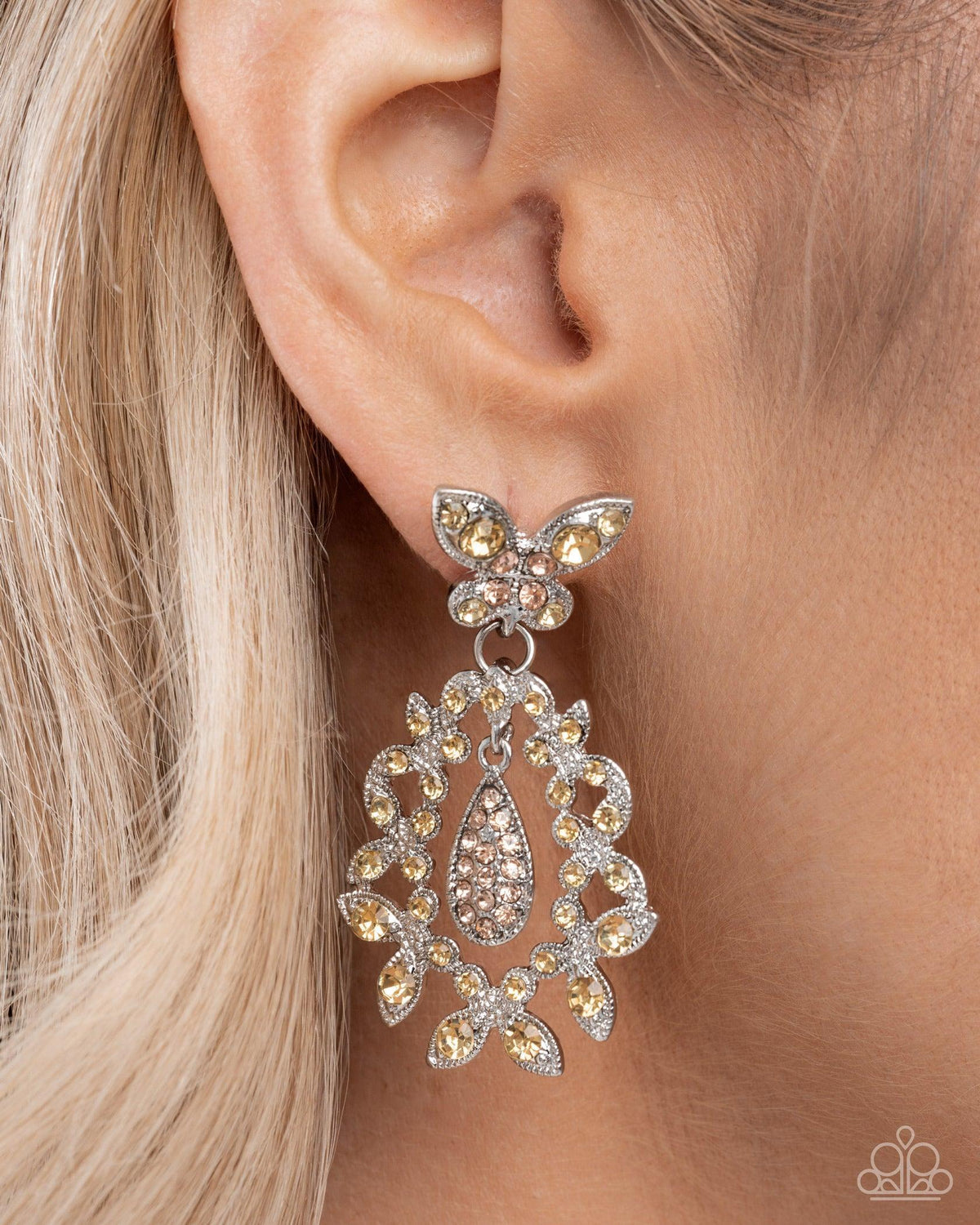 Whimsical Indulgence Yellow Rhinestone Butterfly Necklace & Earrings Set - Paparazzi Accessories