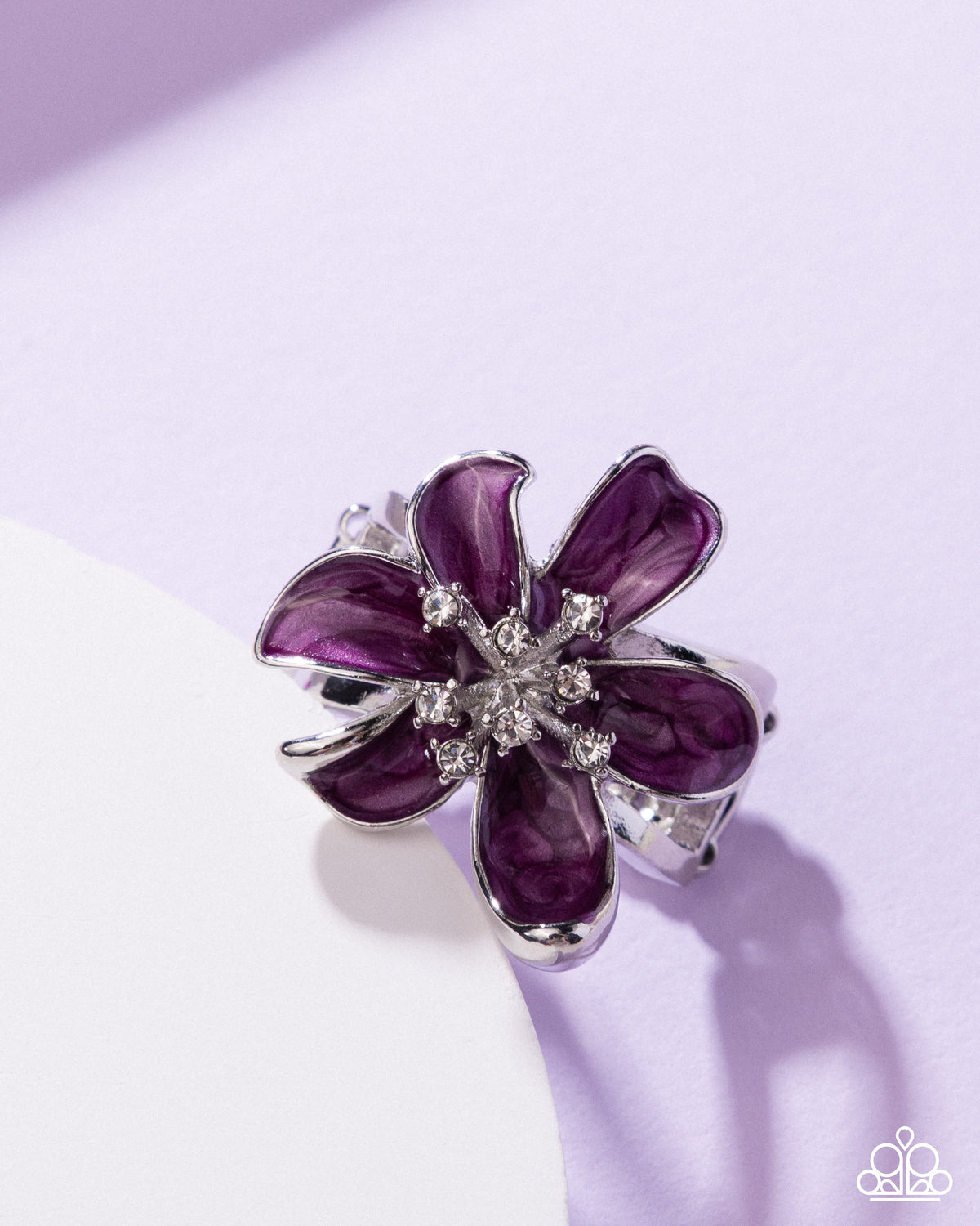 Painted Party Purple & White Rhinestone Flower Ring - Paparazzi Accessories