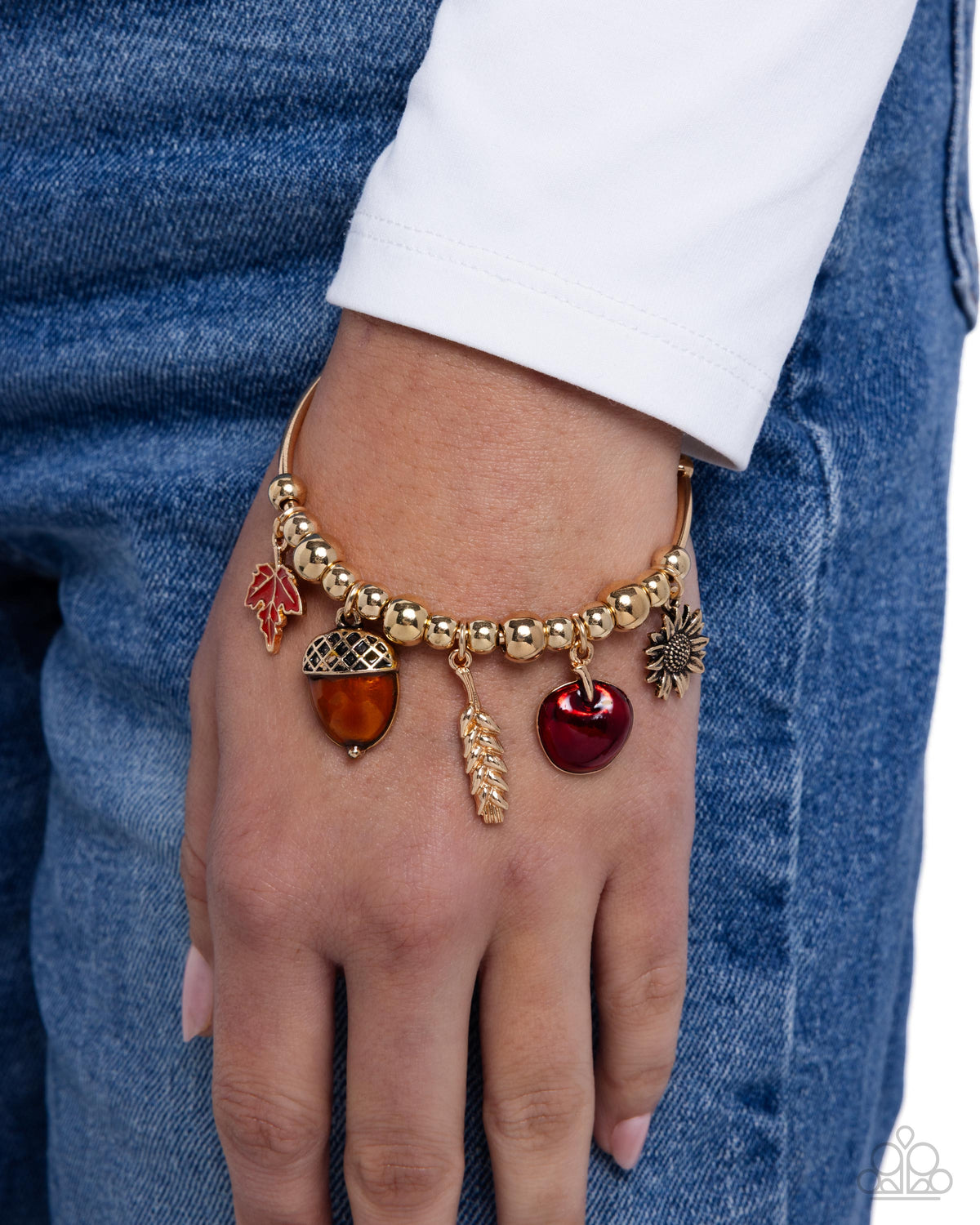 Harvest Habit Gold Charm Cuff Bracelet - Paparazzi Accessories-on model - CarasShop.com - Paparazzi Jewelry by Cara Jewels