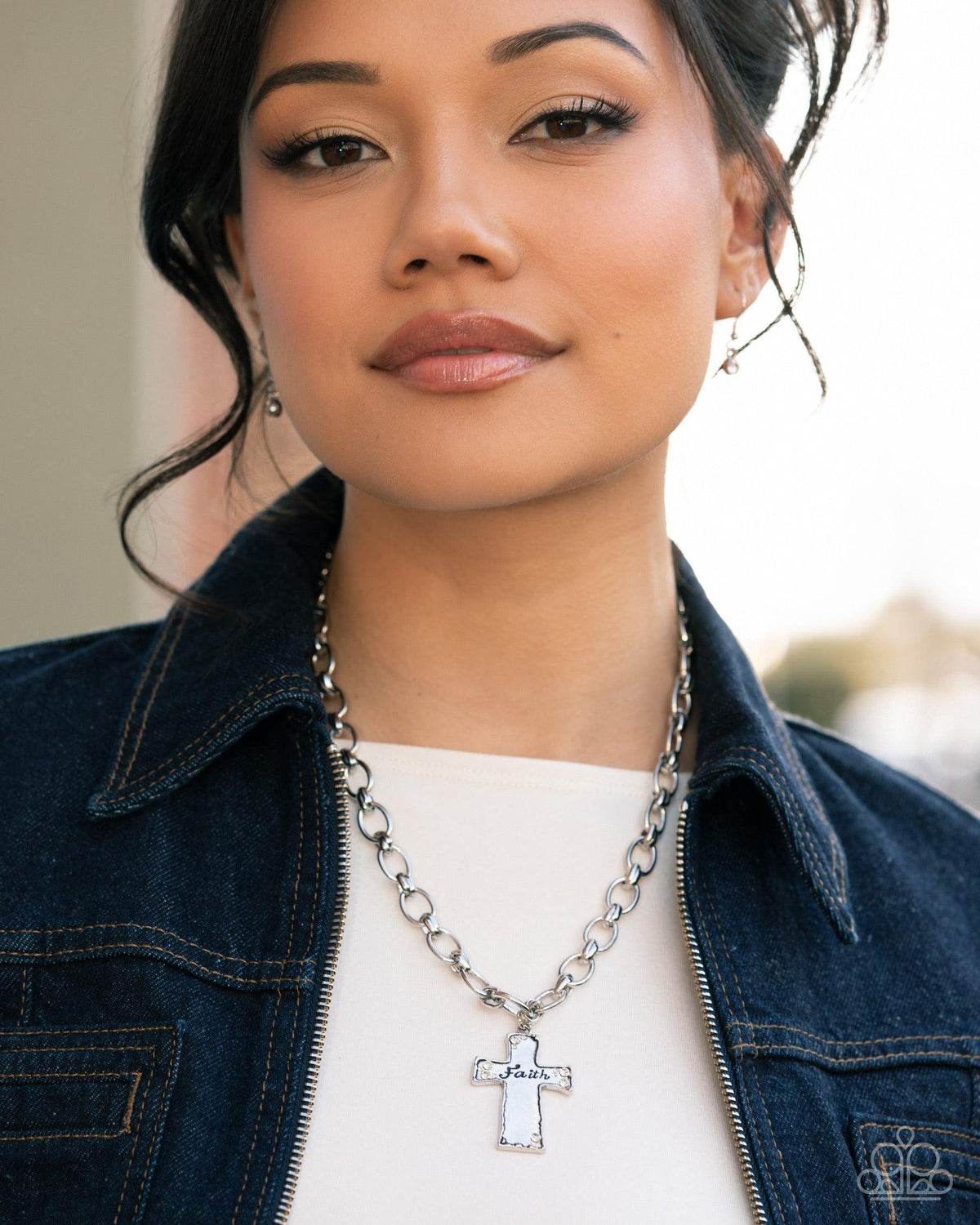 Faithful Flair White Rhinestone Cross Necklace - Paparazzi Accessories