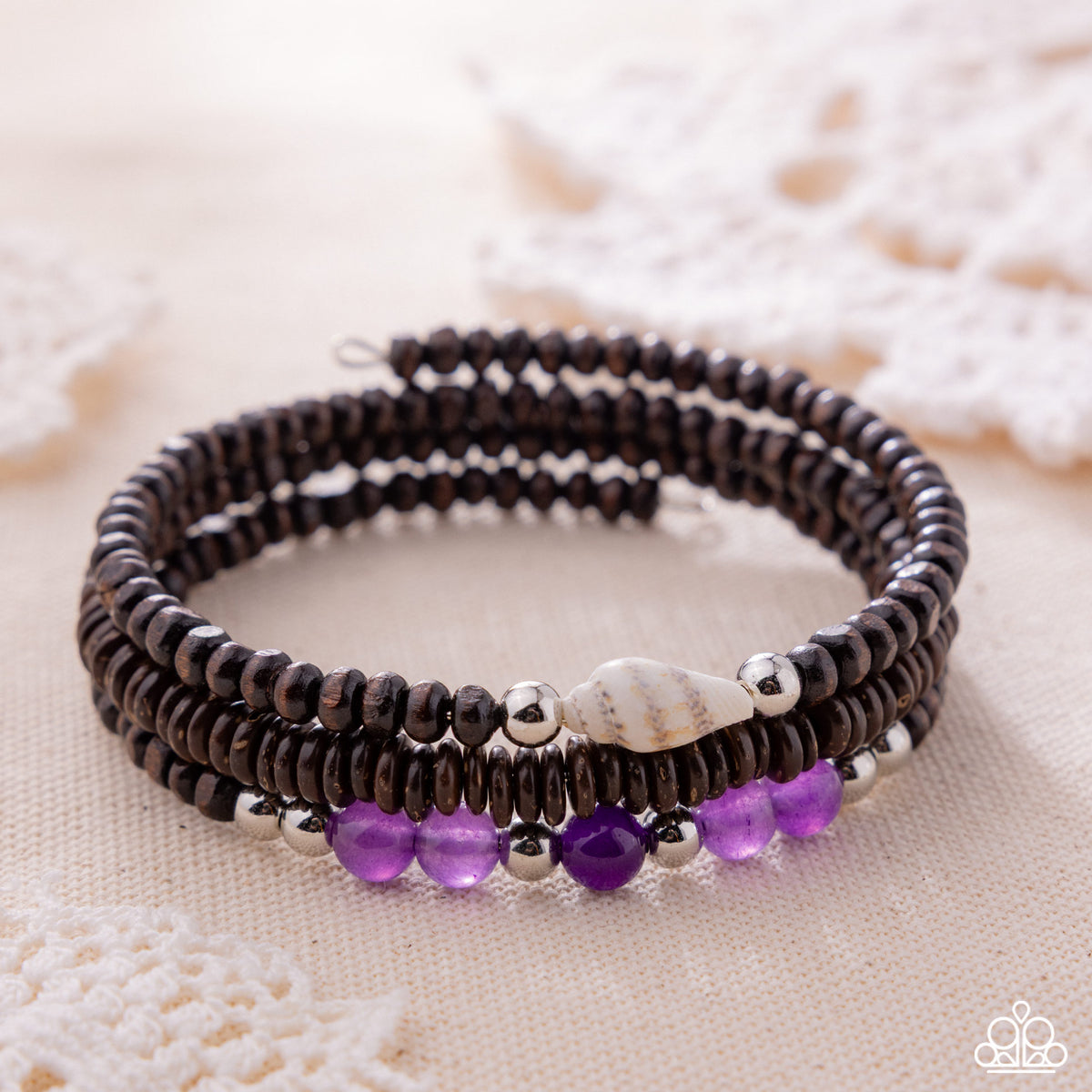 Shell Specialty Purple Amethyst Stone & Wood Coil Bracelet - Paparazzi Accessories