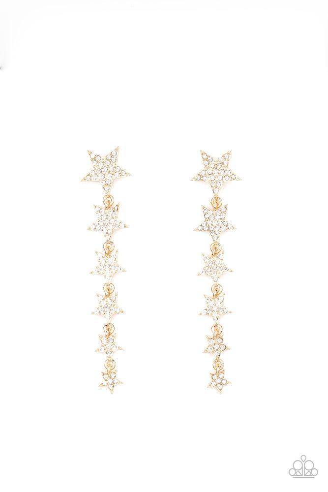 Americana Attitude Gold & White Rhinestone Cascading Star Earrings - Paparazzi Accessories