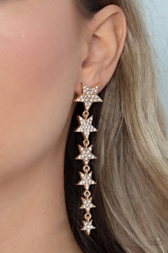 Americana Attitude Gold & White Rhinestone Cascading Star Earrings - Paparazzi Accessories