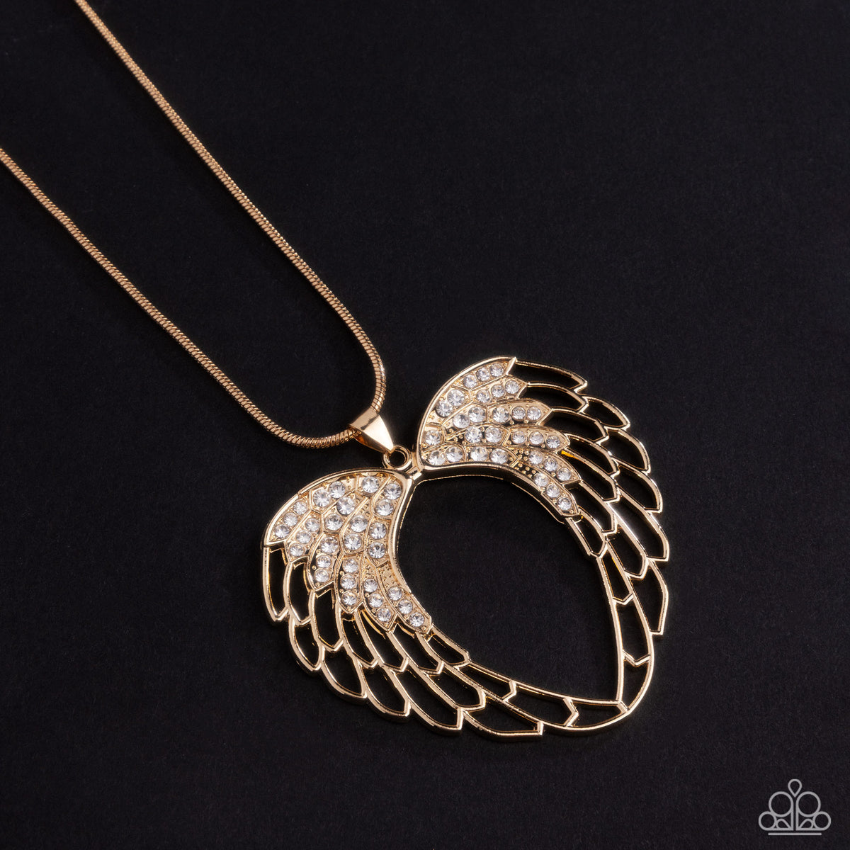 Angelic Accuracy Gold & White Rhinestone Angel Wing Heart Necklace - Paparazzi Accessories