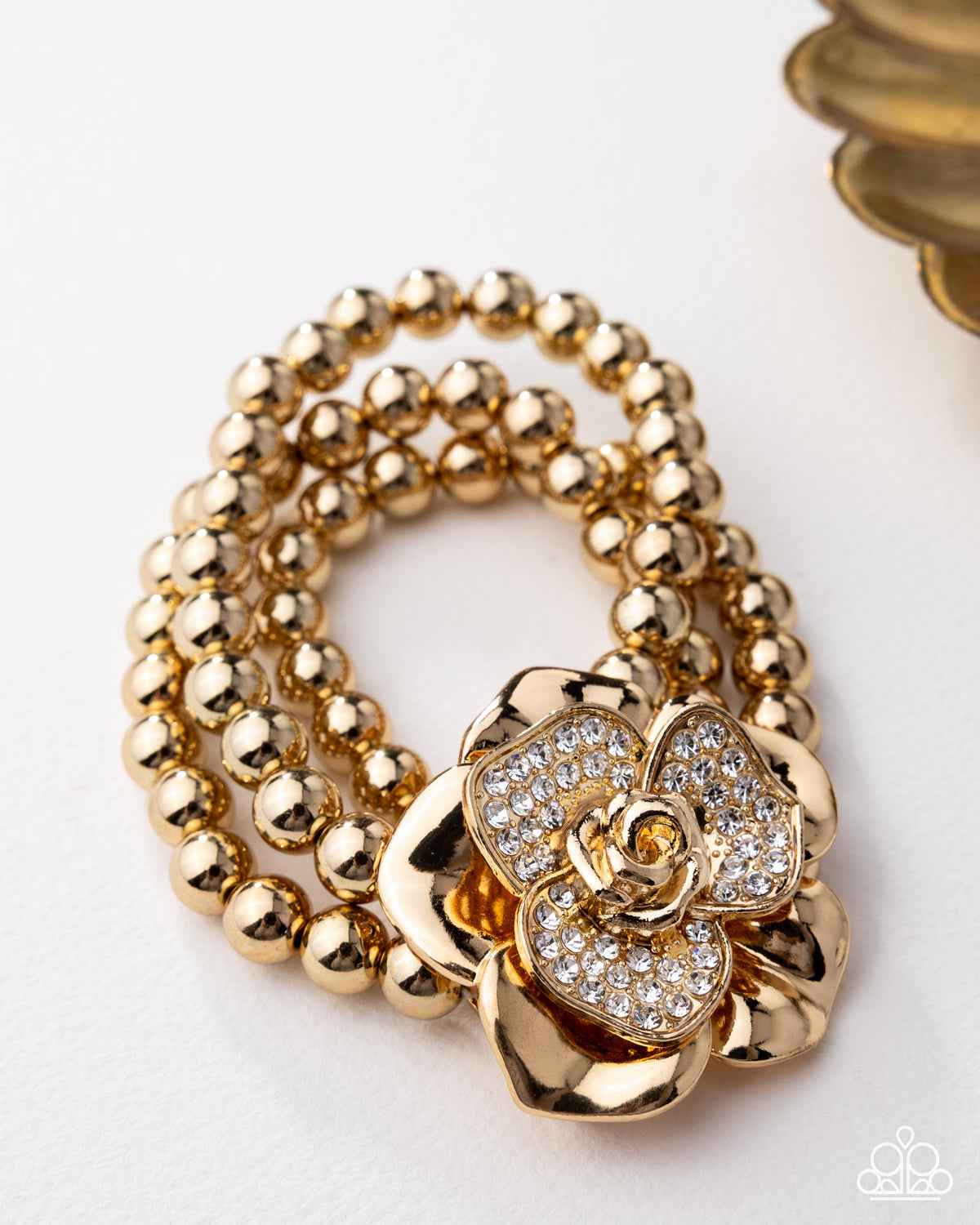 Blooming Background Gold & White Rhinestone Flower Bracelet - Paparazzi Accessories