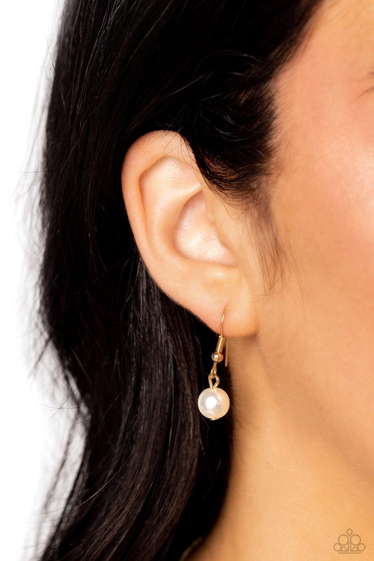 Caliber Choreographer Gold & White Pearl Necklace - Paparazzi Accessories - free matching earrings -CarasShop.com - Paparazzi Jewelry by Cara Jewels