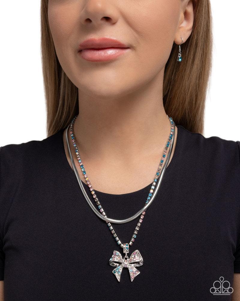 Cheerful Coquette Multi  Rhinestone Bow Necklace - Paparazzi Accessories