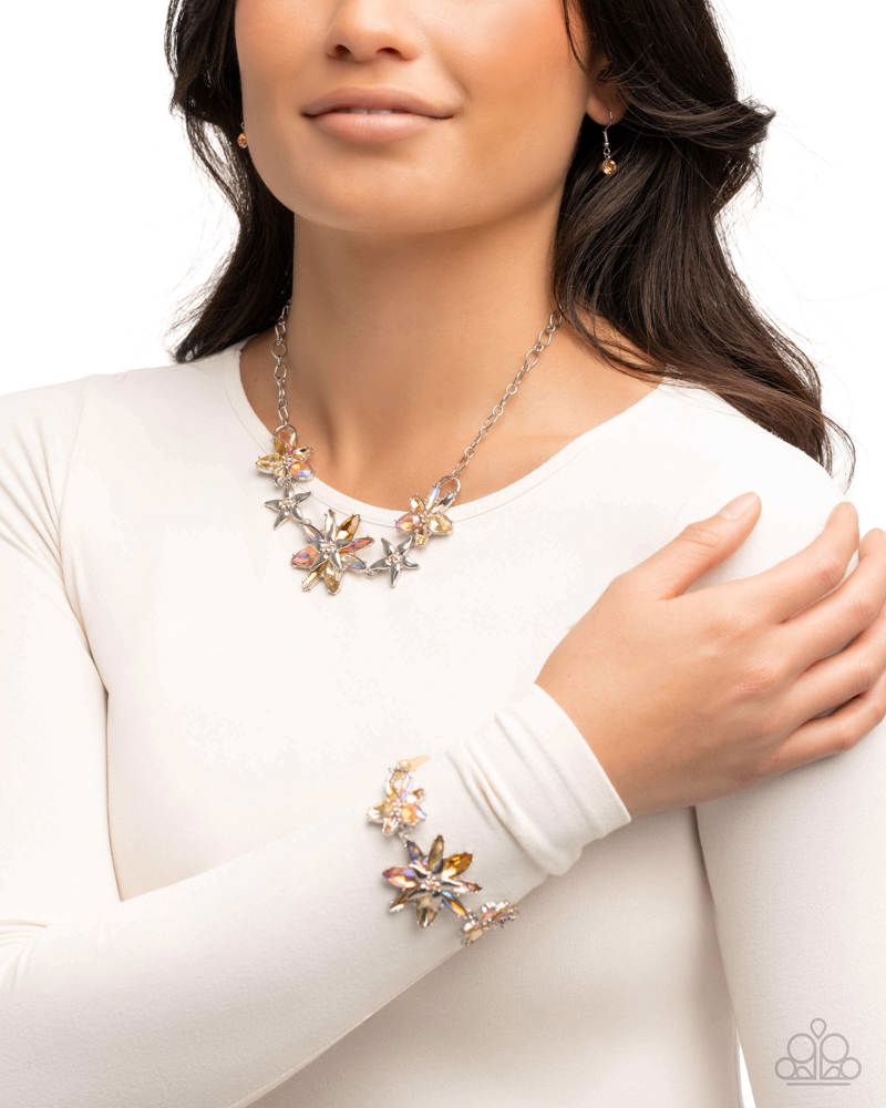 Floral Feature Yellow Rhinestone Floral Necklace & Bracelet Set - Paparazzi Accessories