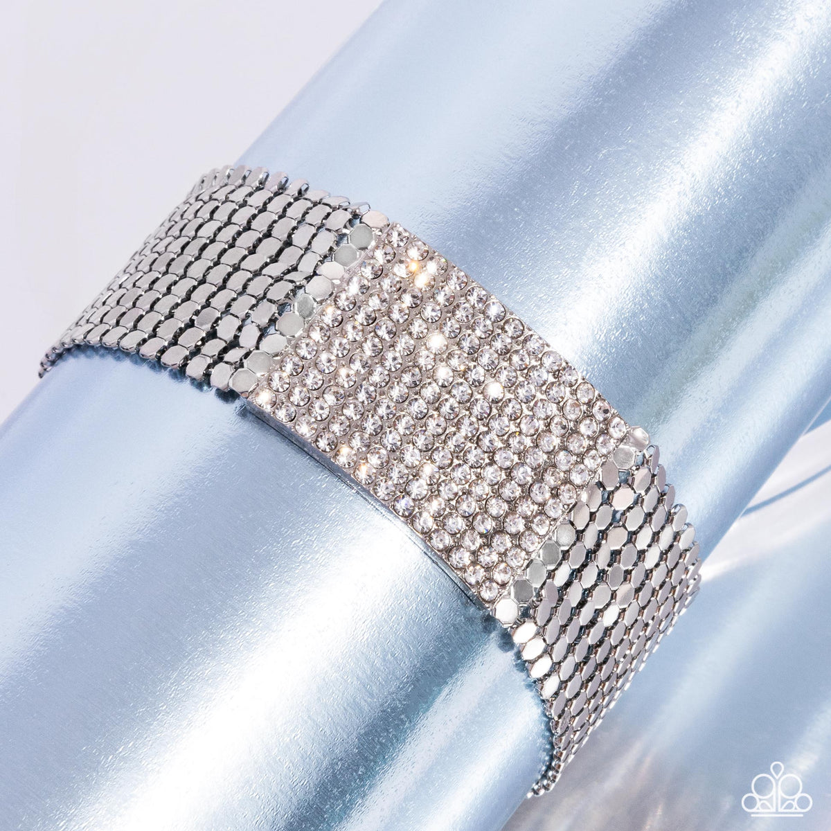 Disco Dame White Rhinestone & Silver Bracelet - Paparazzi Accessories