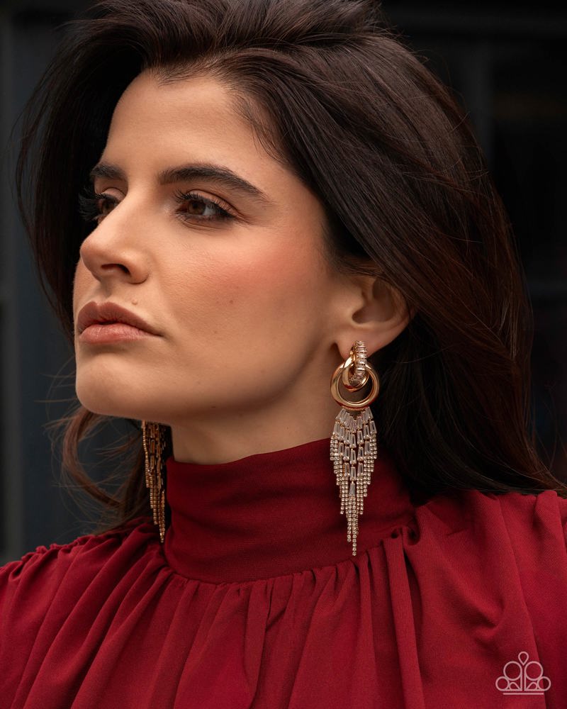 Draped in Drama Gold & White Rhinestone Earrings - Paparazzi Accessories
