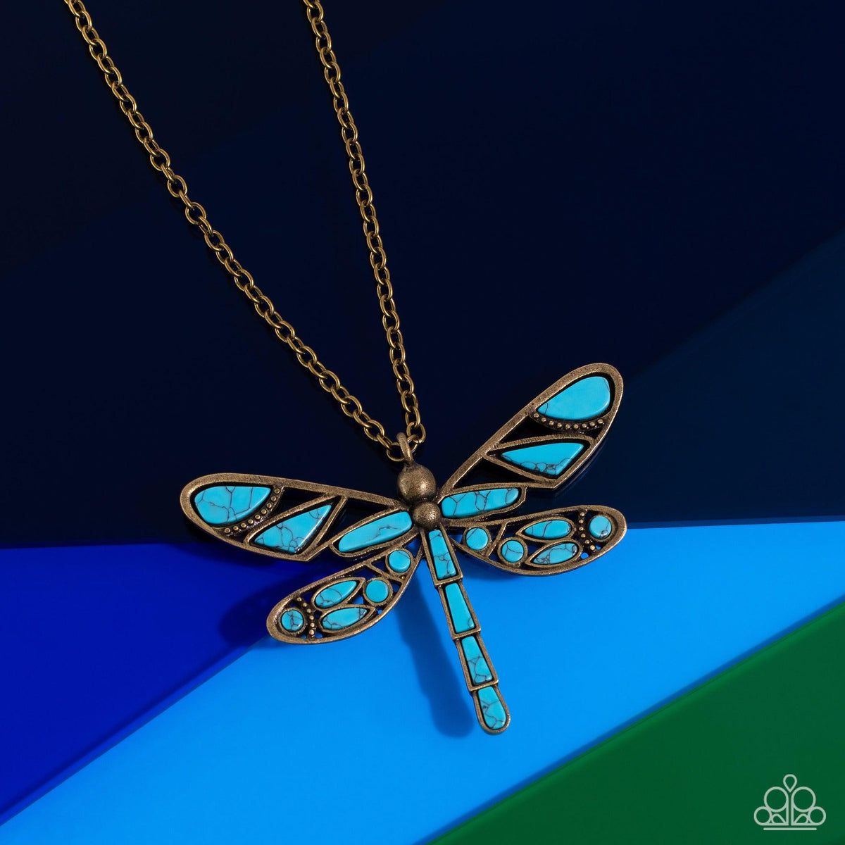 FLYING Low Brass & Turquoise Blue Stone Dragonfly Necklace - Paparazzi Accessories