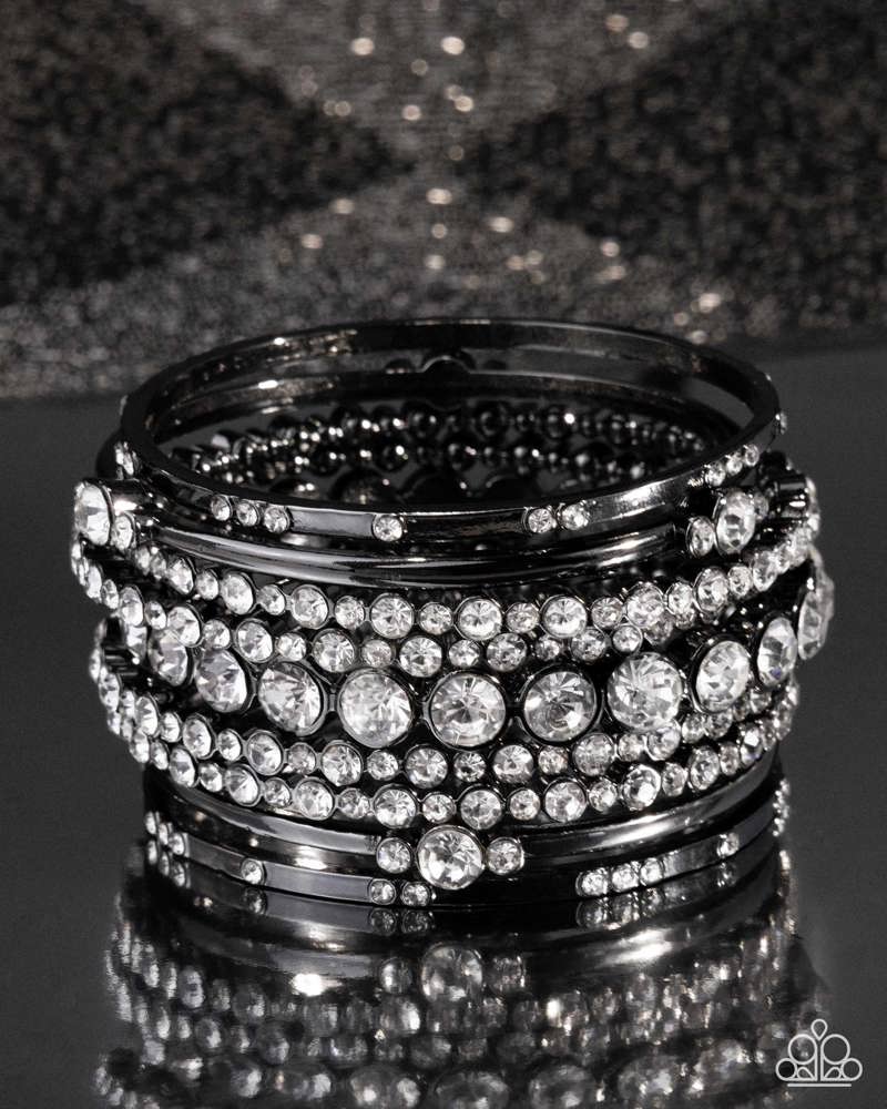 Five-Star Trendsetter Gunmetal Black and White Rhinestone Zi Collection Bangle Bracelet Set - Paparazzi Accessories - free matching earrings -CarasShop.com - Paparazzi Jewelry by Cara Jewels