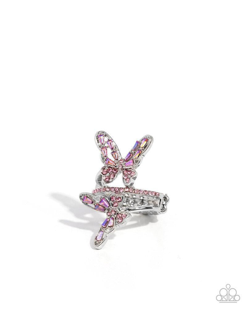 Fluttering Flamenco Pink Rhinestone Butterfly Ring - Paparazzi Accessories