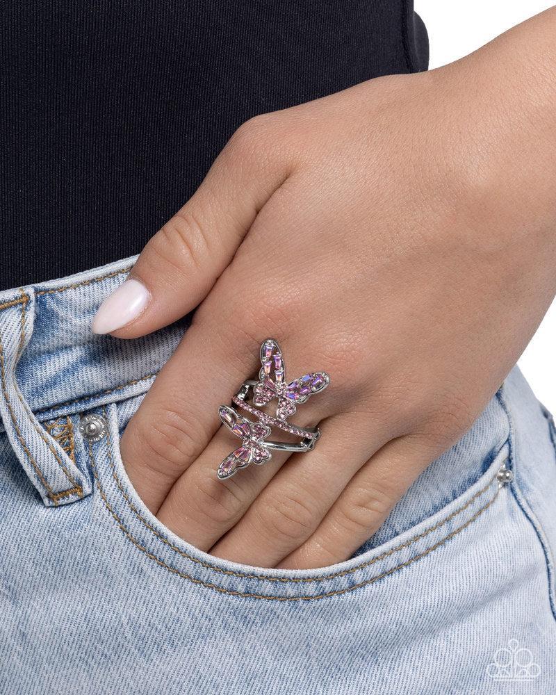 Fluttering Flamenco Pink Rhinestone Butterfly Ring - Paparazzi Accessories