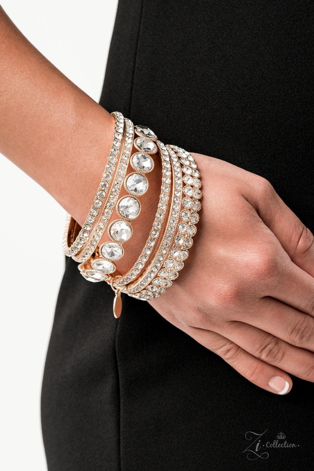 Future Fashionista Gold & White Rhinestone Zi Collection Bangle Bracelet Set - Paparazzi Accessories- Flat Lay -CarasShop.com - Paparazzi Jewelry by Cara Jewels