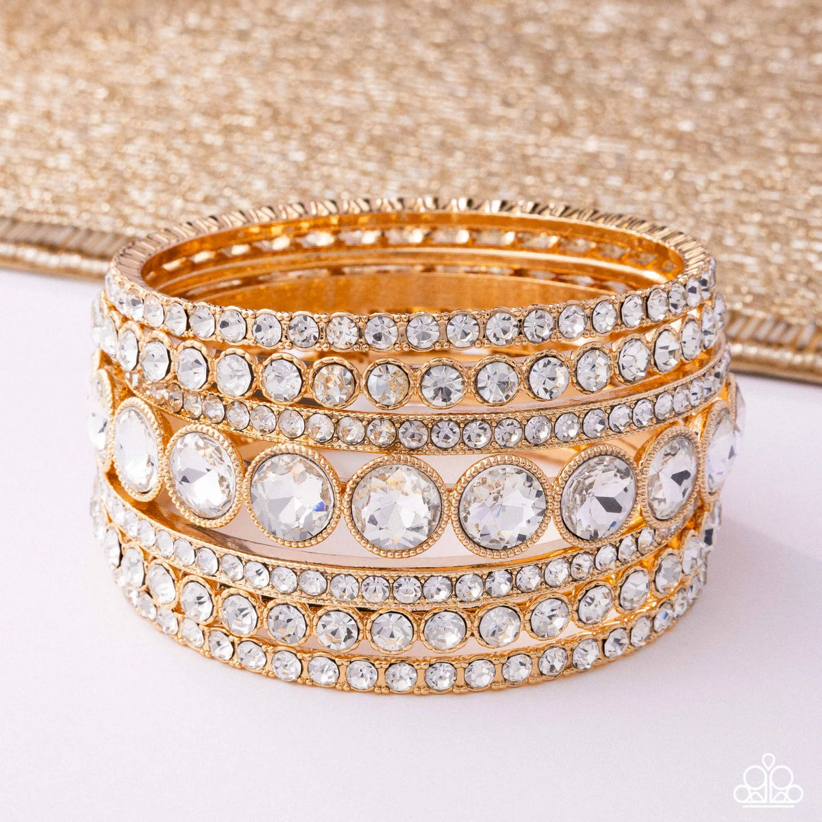 Future Fashionista Gold & White Rhinestone Zi Collection Bangle Bracelet Set - Paparazzi Accessories