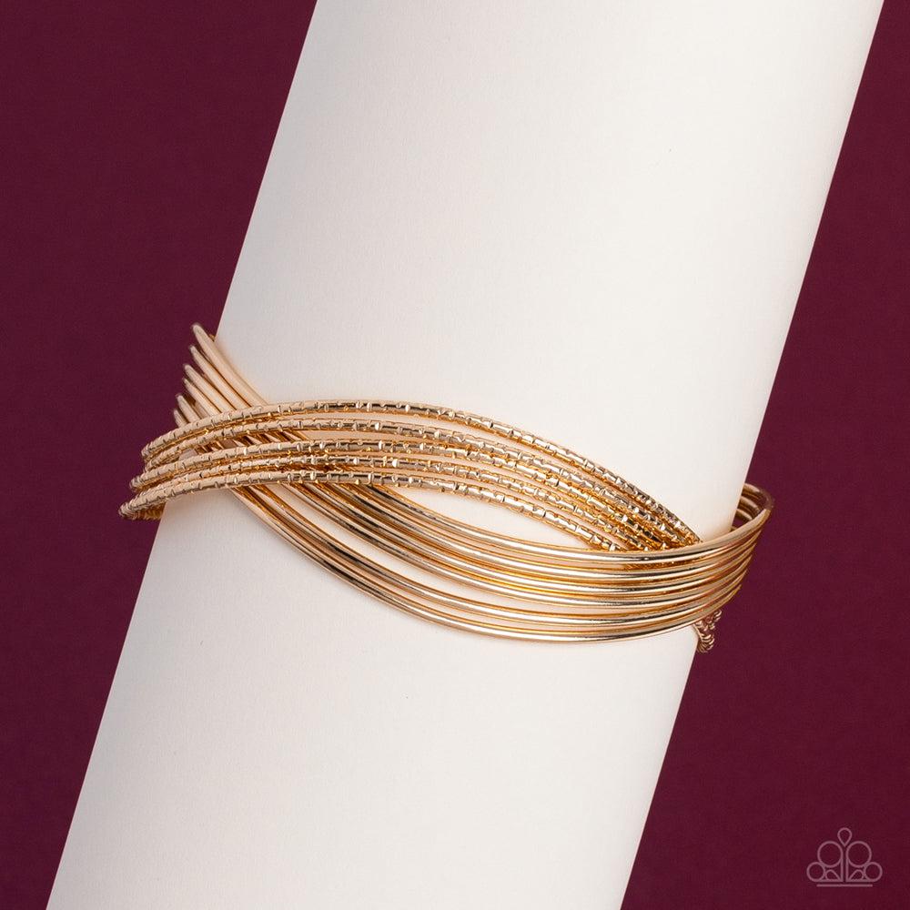 Industrialized Shimmer Gold Bracelet - Paparazzi Accessories- CarasShop.com - Paparazzi Jewelry by Cara Jewels