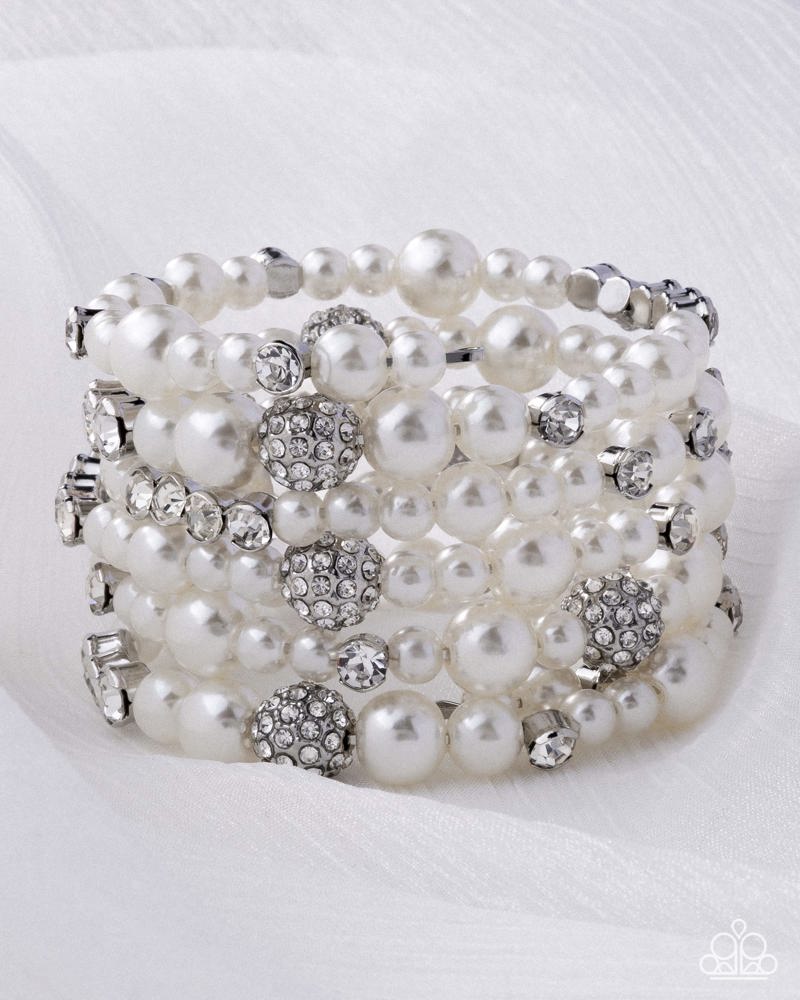 Lustrous Legacy White Pearl & Rhinestone Zi Collection Coil Bracelet - Paparazzi Accessories
