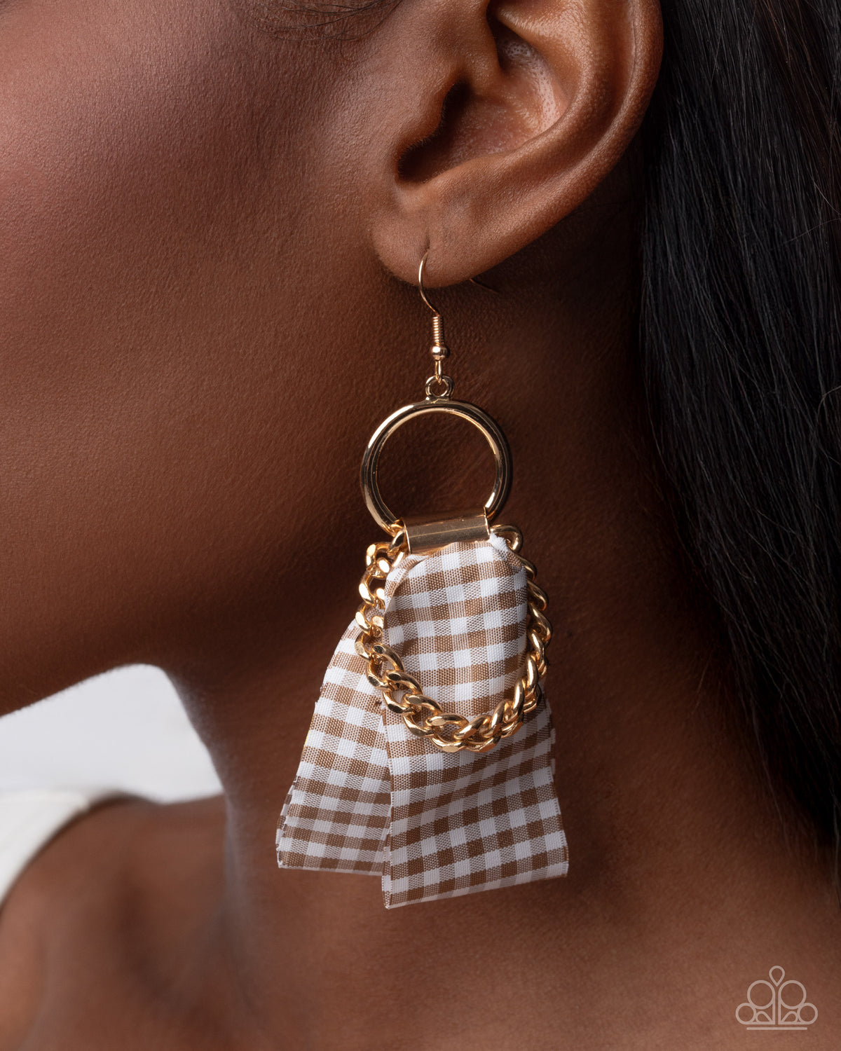 Picnic Pizzazz Brown & Gold Plaid Earrings - Paparazzi Accessories