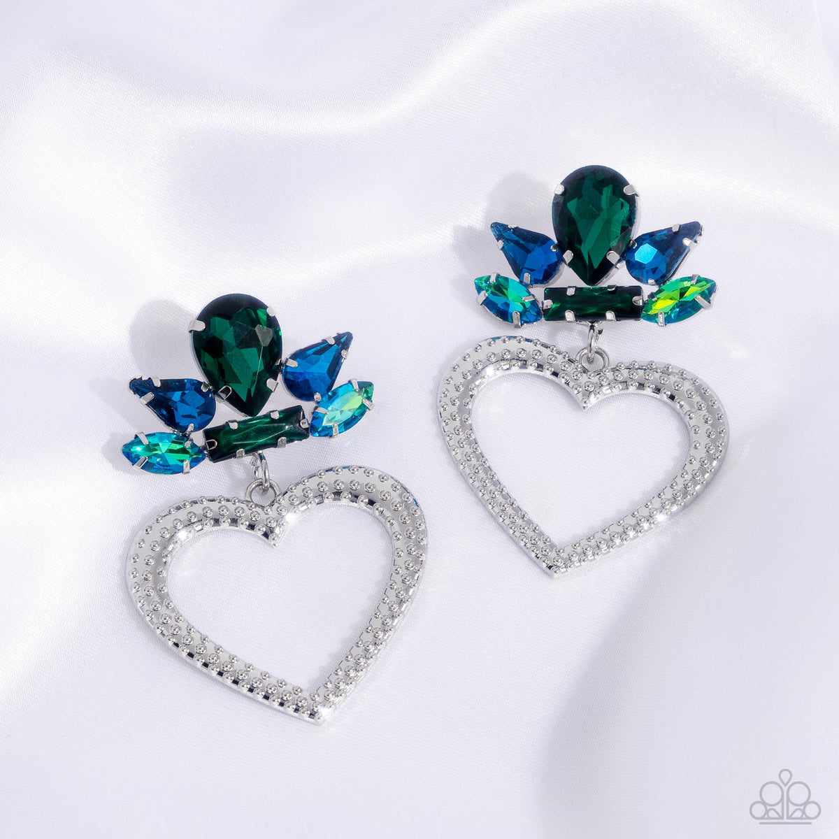 Pushing Perfection Multi Blue-Green Rhinestone & Silver Heart Earrings - Paparazzi Accessories