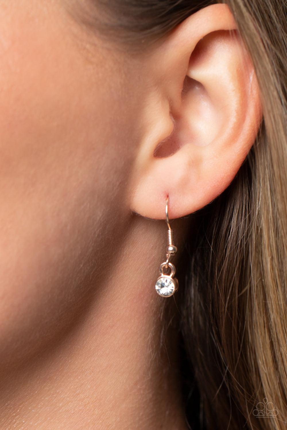 Romantic Retreat Rose Gold & White Rhinestone Heart Necklace - Paparazzi Accessories - free matching earrings -CarasShop.com - Paparazzi Jewelry by Cara Jewels